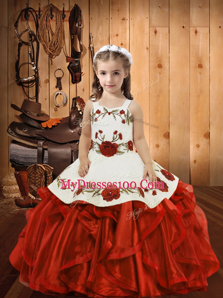 Floor Length Lace Up Girls Pageant Dresses Red for Sweet 16 and Quinceanera with Ruffles