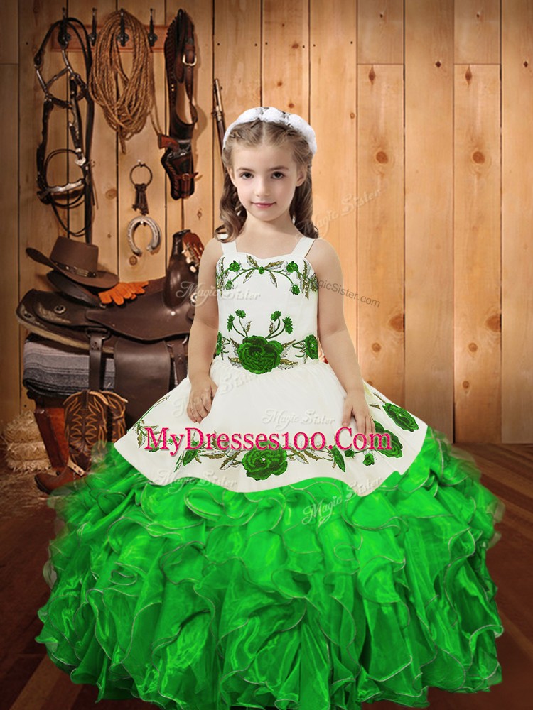 Classical Embroidery and Ruffles Little Girls Pageant Dress Green Lace Up Sleeveless Floor Length