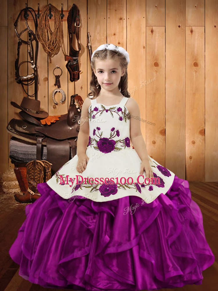 Affordable Fuchsia Organza Lace Up Straps Sleeveless Floor Length Pageant Gowns For Girls Embroidery and Ruffles