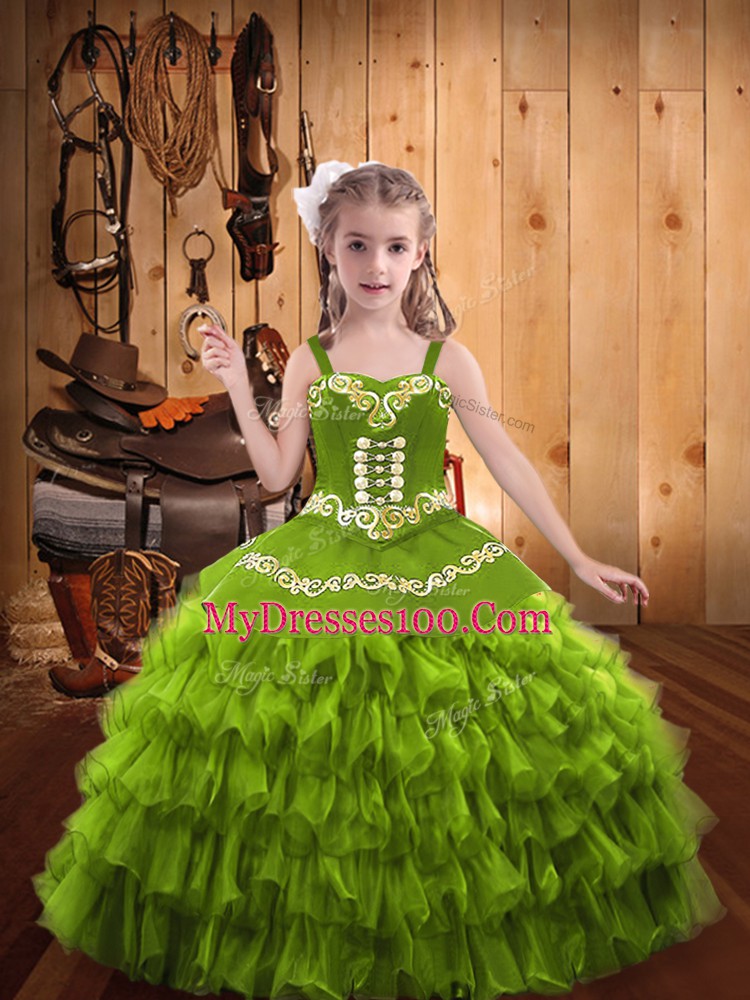 Nice Floor Length Ball Gowns Sleeveless Olive Green High School Pageant Dress Lace Up