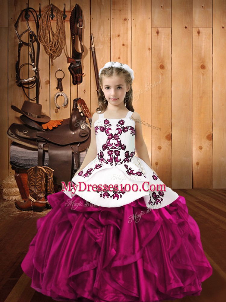 Beautiful Fuchsia Sleeveless Floor Length Embroidery and Ruffles Lace Up Little Girl Pageant Gowns