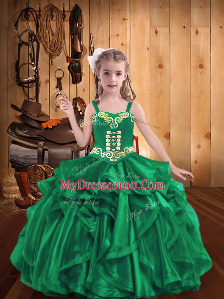 Organza Straps Sleeveless Lace Up Beading and Embroidery and Ruffles Pageant Gowns For Girls in Turquoise