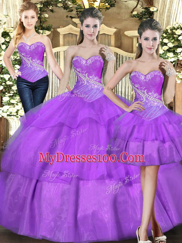 Floor Length Lace Up Quinceanera Dresses Eggplant Purple for Military Ball and Sweet 16 and Quinceanera with Beading and Ruffled Layers