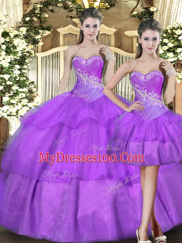 Floor Length Lace Up Quinceanera Dresses Eggplant Purple for Military Ball and Sweet 16 and Quinceanera with Beading and Ruffled Layers