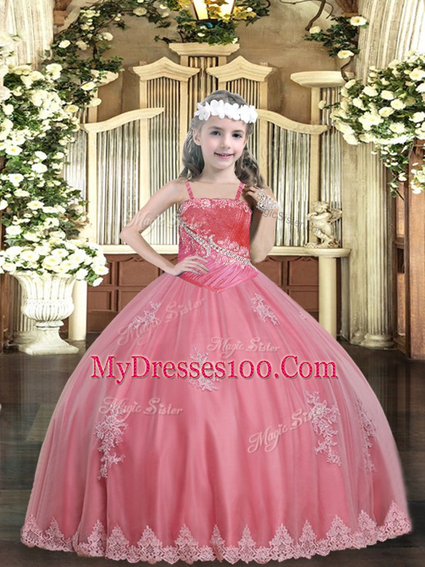 Watermelon Red Ball Gowns Appliques Girls Pageant Dresses Lace Up Tulle Sleeveless Floor Length