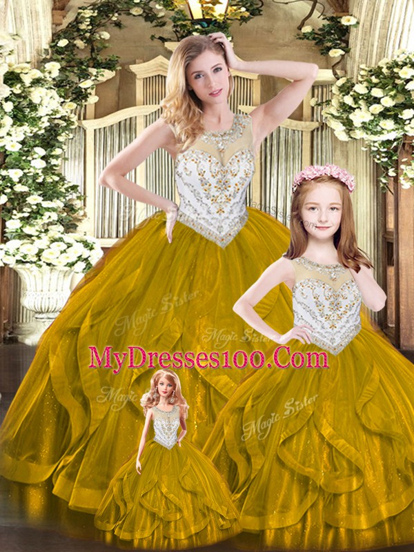 High End Brown Tulle Lace Up Scoop Sleeveless Floor Length Vestidos de Quinceanera Beading and Ruffles