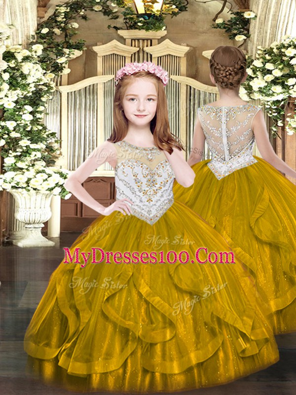 High End Brown Tulle Lace Up Scoop Sleeveless Floor Length Vestidos de Quinceanera Beading and Ruffles