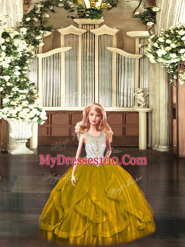 High End Brown Tulle Lace Up Scoop Sleeveless Floor Length Vestidos de Quinceanera Beading and Ruffles