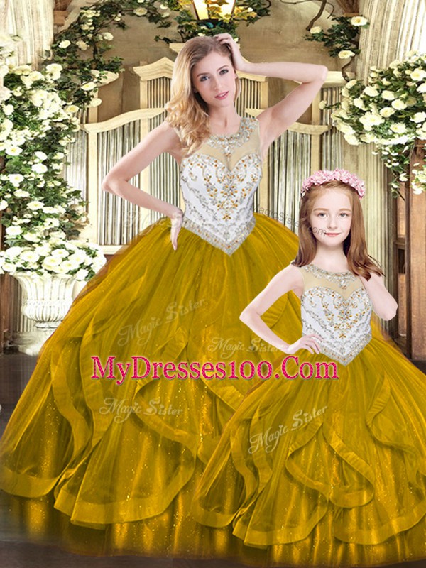 High End Brown Tulle Lace Up Scoop Sleeveless Floor Length Vestidos de Quinceanera Beading and Ruffles