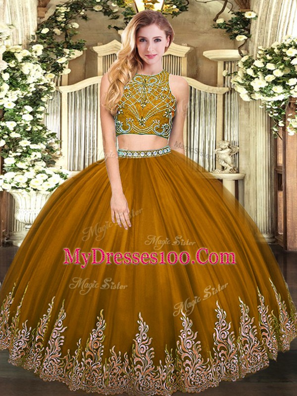 Custom Designed Floor Length Brown Vestidos de Quinceanera Tulle Sleeveless Beading and Appliques