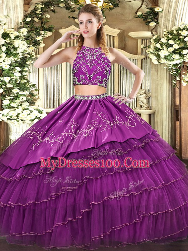 Purple Two Pieces Beading and Embroidery and Ruffled Layers Quinceanera Dress Zipper Tulle Sleeveless Floor Length