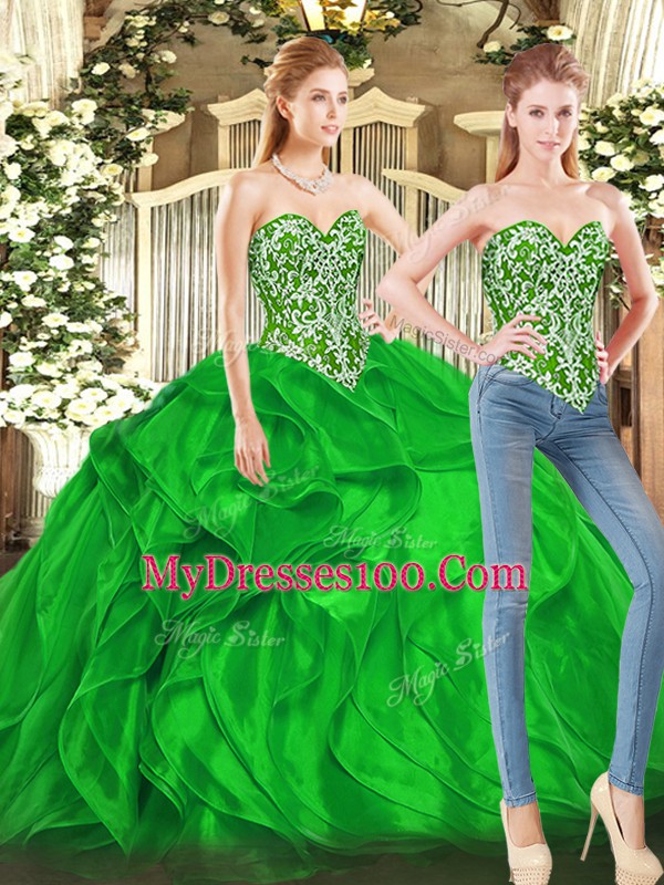 High Quality Green Ball Gowns Tulle Sweetheart Sleeveless Beading and Ruffles Floor Length Lace Up Quince Ball Gowns