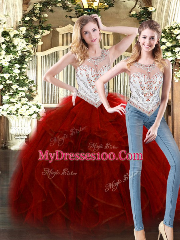 Sophisticated Wine Red Tulle Zipper Scoop Sleeveless Floor Length Quince Ball Gowns Beading and Ruffles