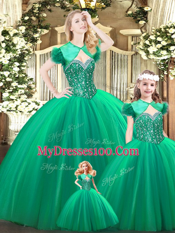 Turquoise Ball Gowns Sweetheart Sleeveless Tulle Floor Length Lace Up Beading Quinceanera Gowns