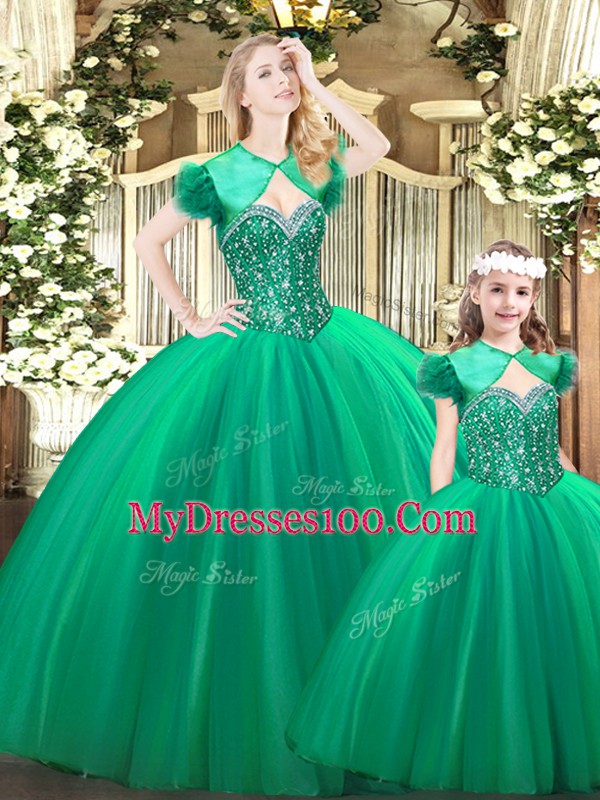 Turquoise Ball Gowns Sweetheart Sleeveless Tulle Floor Length Lace Up Beading Quinceanera Gowns