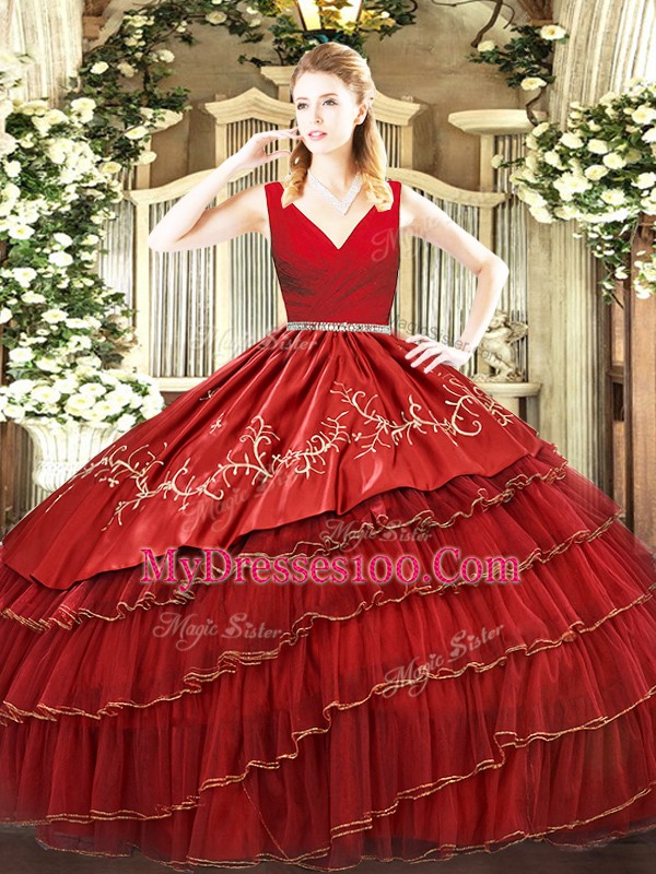 Organza V-neck Sleeveless Zipper Embroidery and Ruffled Layers Sweet 16 Dresses in Wine Red