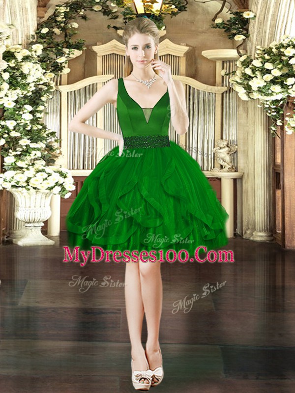 Sexy Dark Green Sleeveless Beading and Ruffles Mini Length Party Dresses