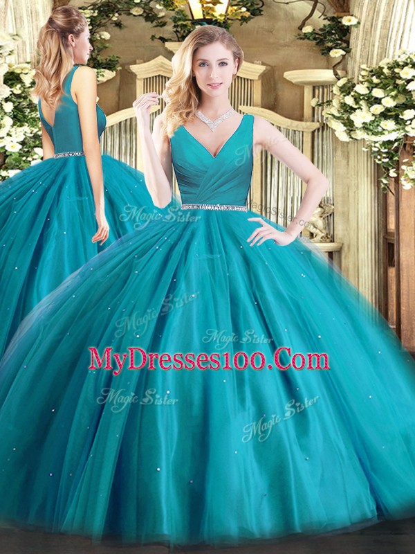 Admirable Tulle V-neck Sleeveless Zipper Beading Quinceanera Gown in Teal