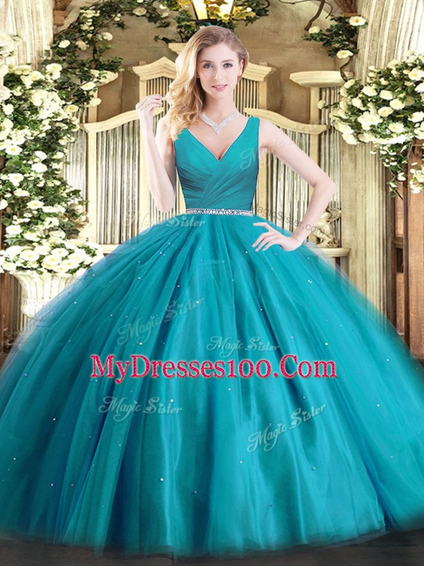 Admirable Tulle V-neck Sleeveless Zipper Beading Quinceanera Gown in Teal
