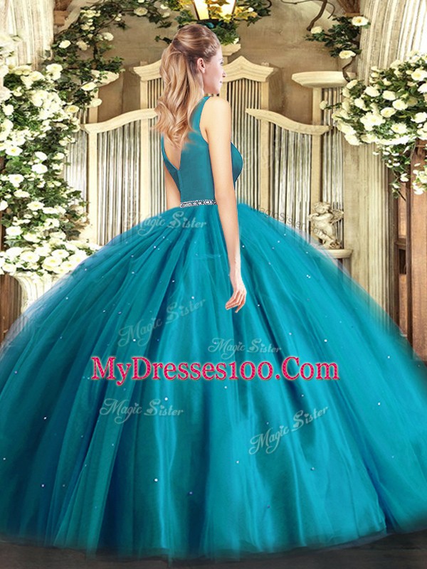Admirable Tulle V-neck Sleeveless Zipper Beading Quinceanera Gown in Teal