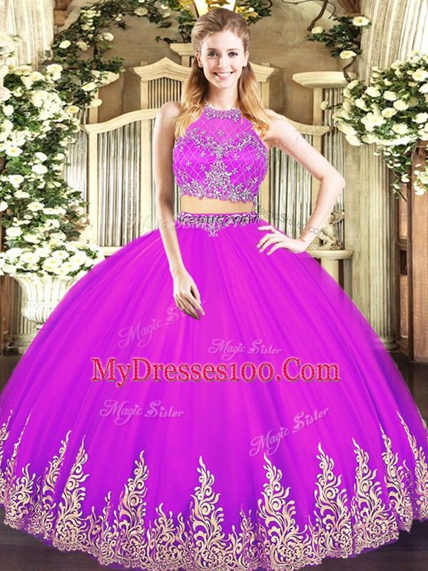 Noble Fuchsia Ball Gowns Tulle Scoop Sleeveless Beading and Appliques Floor Length Zipper Sweet 16 Dresses