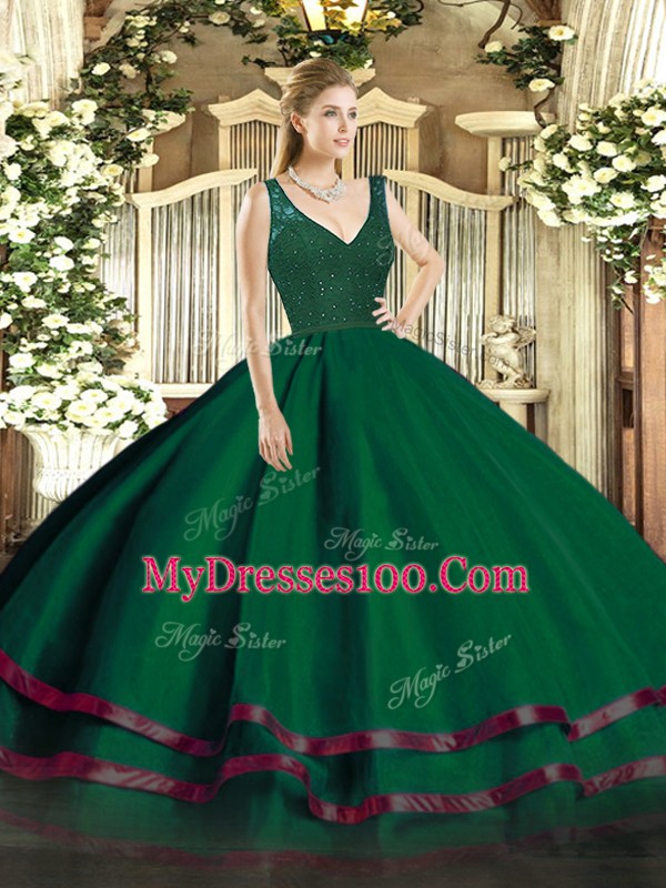 Beautiful Dark Green A-line Beading and Ruffled Layers Quinceanera Gowns Zipper Tulle Sleeveless Floor Length