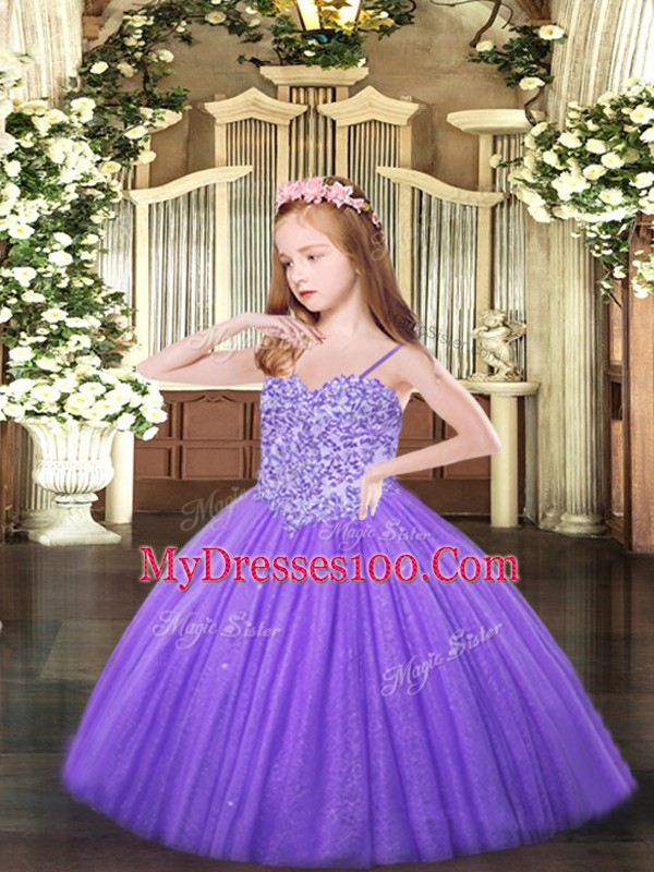 Excellent Lavender Lace Up Spaghetti Straps Appliques Little Girls Pageant Dress Tulle Sleeveless