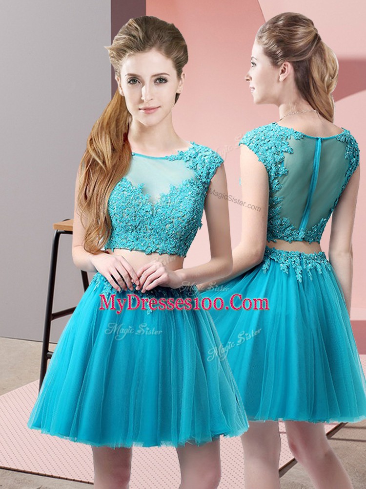Appliques Evening Dress Baby Blue Zipper Sleeveless Mini Length