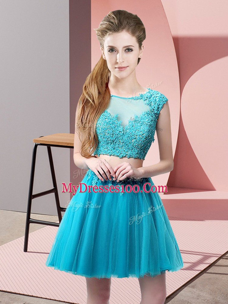 Appliques Evening Dress Baby Blue Zipper Sleeveless Mini Length