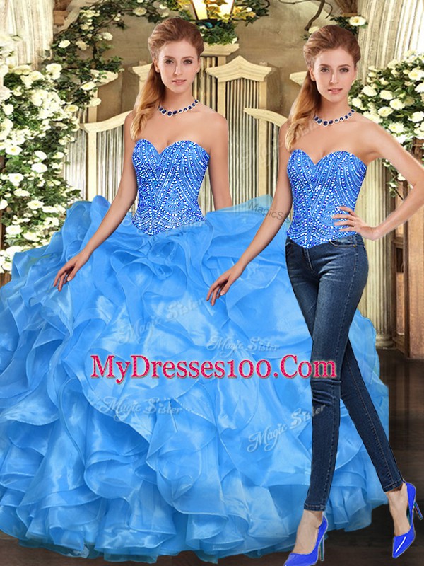 Discount Two Pieces Quinceanera Gown Baby Blue Sweetheart Organza Sleeveless Floor Length Lace Up