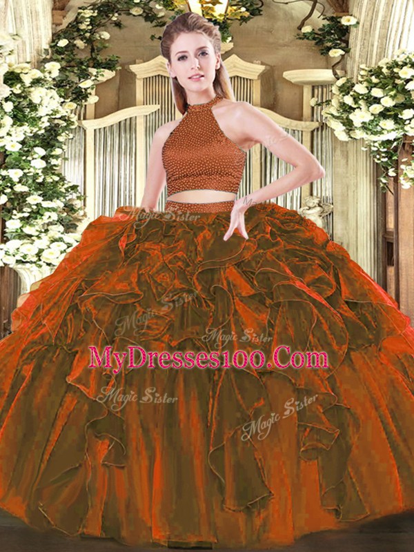 Modern Halter Top Sleeveless Organza Sweet 16 Dress Beading and Ruffles Backless