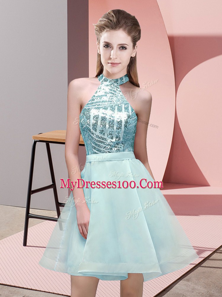 High Class Halter Top Sleeveless Court Dresses for Sweet 16 Mini Length Sequins Aqua Blue Chiffon