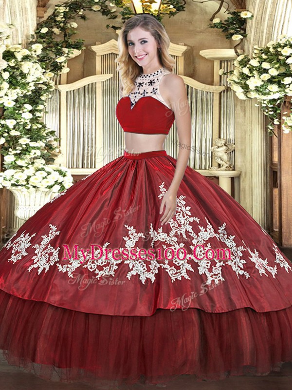 Romantic Floor Length Backless Quinceanera Gowns Red for Military Ball and Sweet 16 and Quinceanera with Beading and Appliques