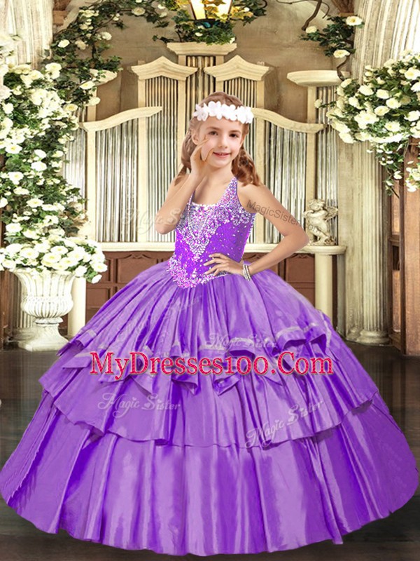 Lavender V-neck Lace Up Beading and Ruffled Layers High School Pageant Dress Sleeveless