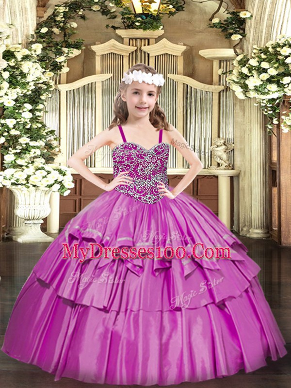 Beading and Ruffled Layers Little Girls Pageant Dress Wholesale Fuchsia Lace Up Sleeveless Floor Length