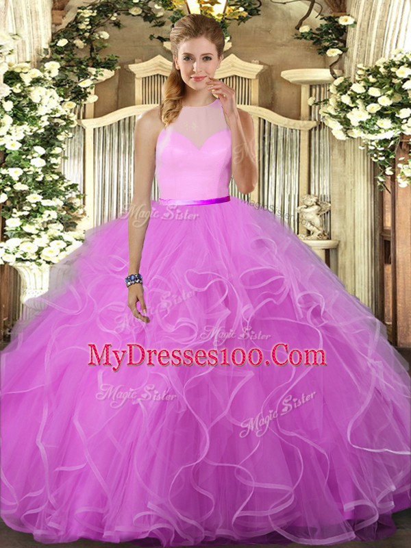 Attractive Lilac Tulle Backless 15 Quinceanera Dress Sleeveless Floor Length Ruffles