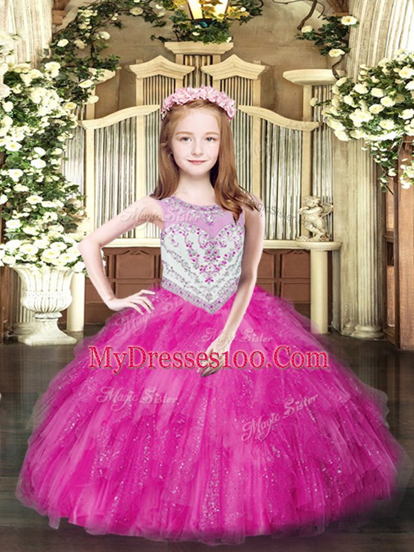 Fuchsia Ball Gowns Tulle Scoop Sleeveless Beading and Ruffles Floor Length Zipper Child Pageant Dress