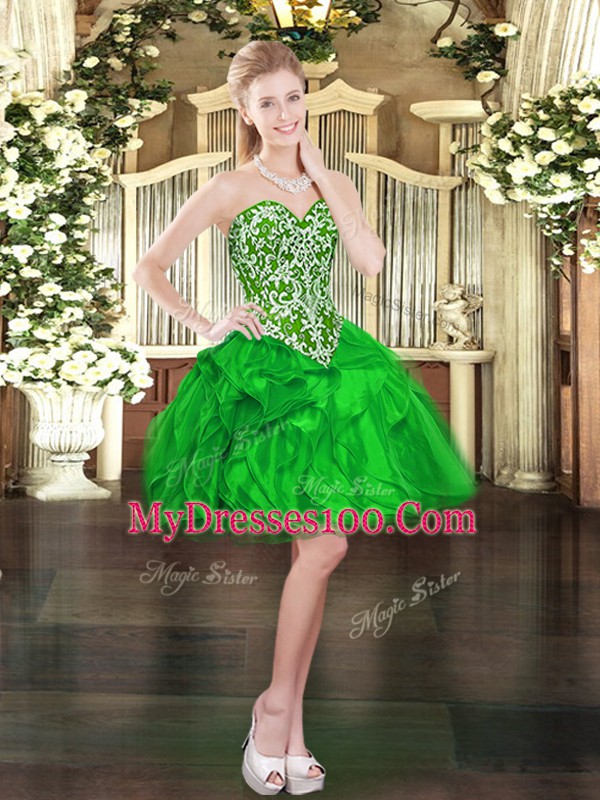 Captivating Mini Length Lace Up Cocktail Dress Green for Prom and Party with Beading and Ruffles