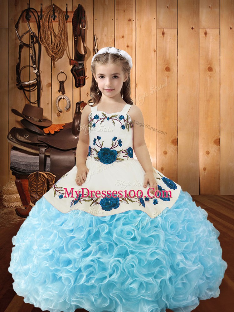 Fabric With Rolling Flowers Straps Sleeveless Lace Up Beading and Ruffles Little Girls Pageant Gowns in Baby Blue