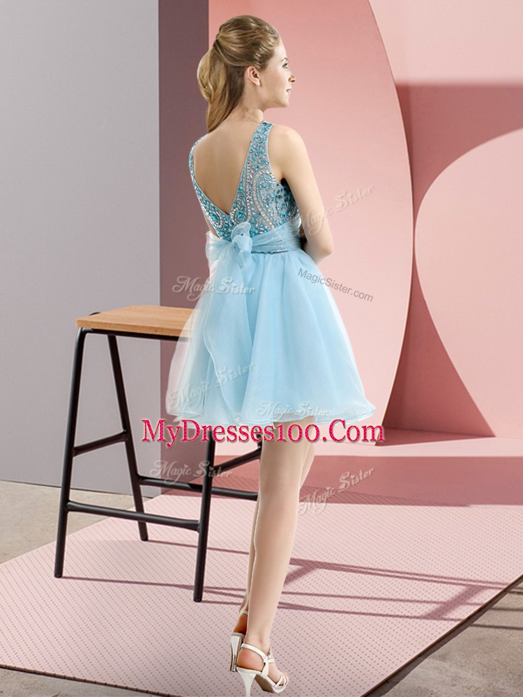 Yellow A-line Bateau Sleeveless Chiffon Mini Length Zipper Beading and Bowknot Prom Party Dress