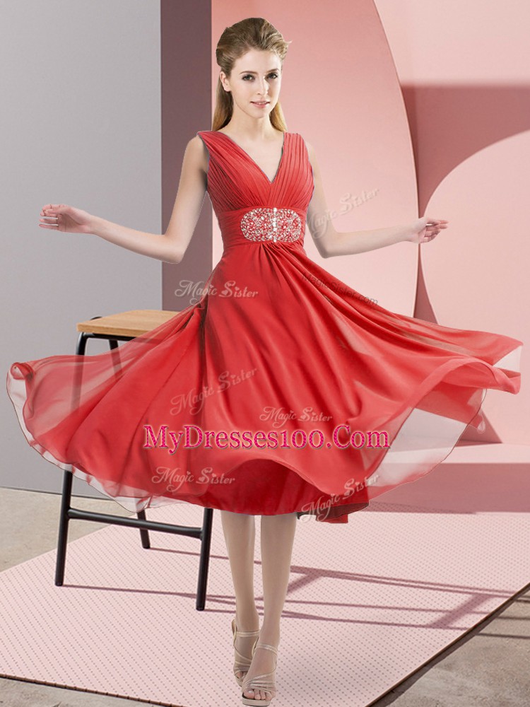 Coral Red Empire Chiffon V-neck Sleeveless Beading Knee Length Side Zipper Damas Dress