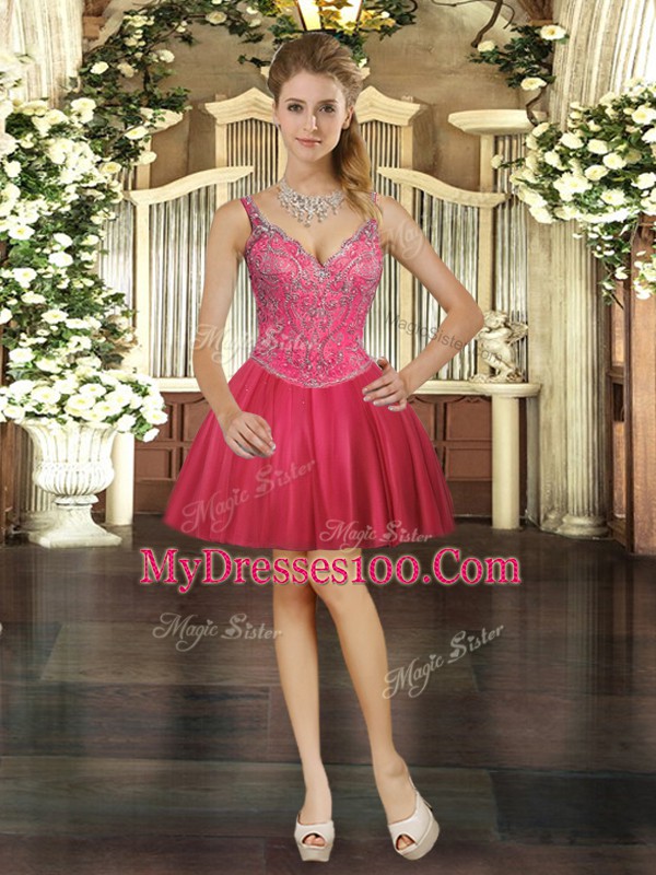 Fitting Red Tulle Lace Up V-neck Sleeveless Mini Length Cocktail Dresses Beading