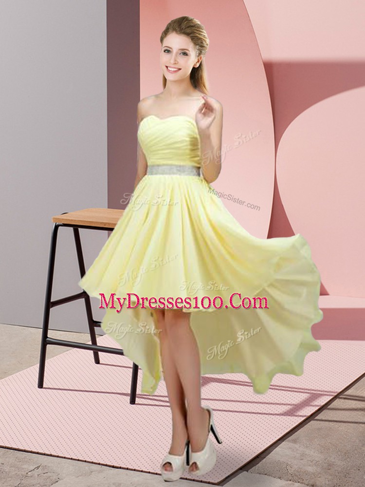 Yellow A-line Sweetheart Sleeveless Chiffon High Low Lace Up Beading Wedding Guest Dresses