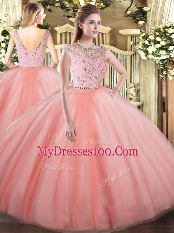 Sleeveless Floor Length Beading Zipper Sweet 16 Quinceanera Dress with Peach