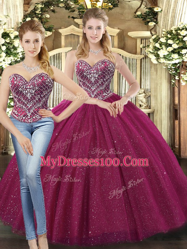 Fuchsia Two Pieces Tulle Sweetheart Sleeveless Beading Floor Length Lace Up Quinceanera Dresses