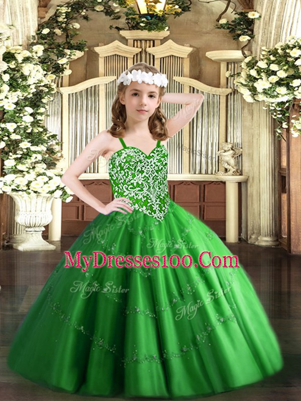Green Little Girl Pageant Dress Party and Quinceanera with Beading and Appliques Straps Sleeveless Lace Up
