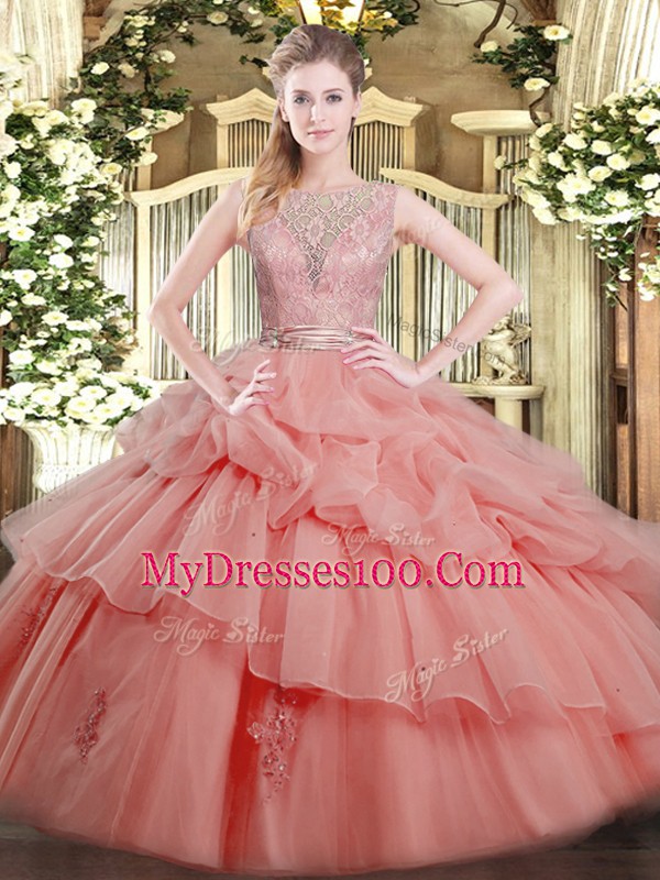 Watermelon Red Ball Gowns Beading and Ruffled Layers Quinceanera Gown Backless Tulle Sleeveless Floor Length