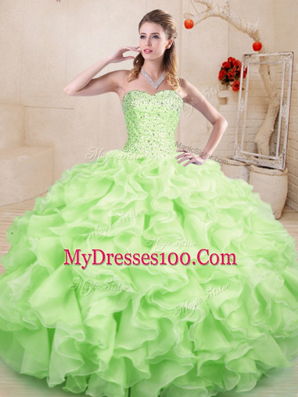 Suitable Yellow Green Organza Lace Up 15 Quinceanera Dress Sleeveless Floor Length Beading and Ruffles