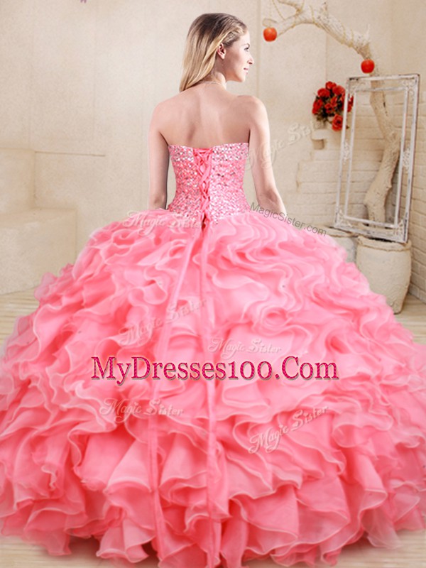 Suitable Yellow Green Organza Lace Up 15 Quinceanera Dress Sleeveless Floor Length Beading and Ruffles