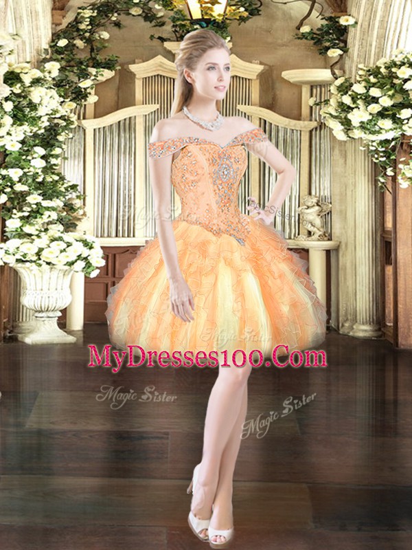 Orange Red Ball Gowns Tulle Off The Shoulder Sleeveless Beading and Ruffles Mini Length Lace Up Homecoming Gowns